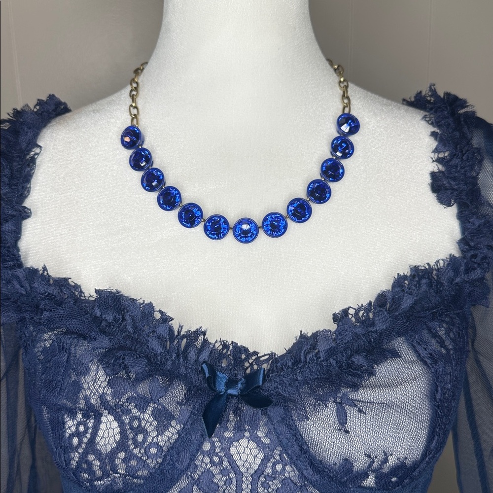 Vintage J. Crew Cobalt Blue Brûlée Faceted Bezel Set Collar Rhinestone Necklace - Picture 3 of 12